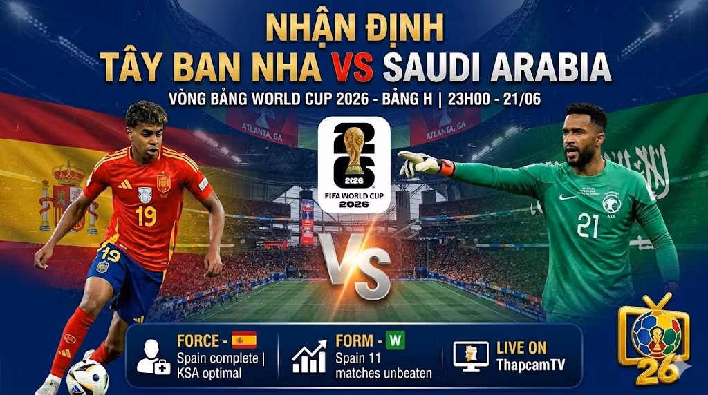Hình ảnh nhận định trận đấu Tây Ban Nha vs Saudi Arabia vòng bảng World Cup 2026, phát sóng trực tiếp trên ThapcamTV.
