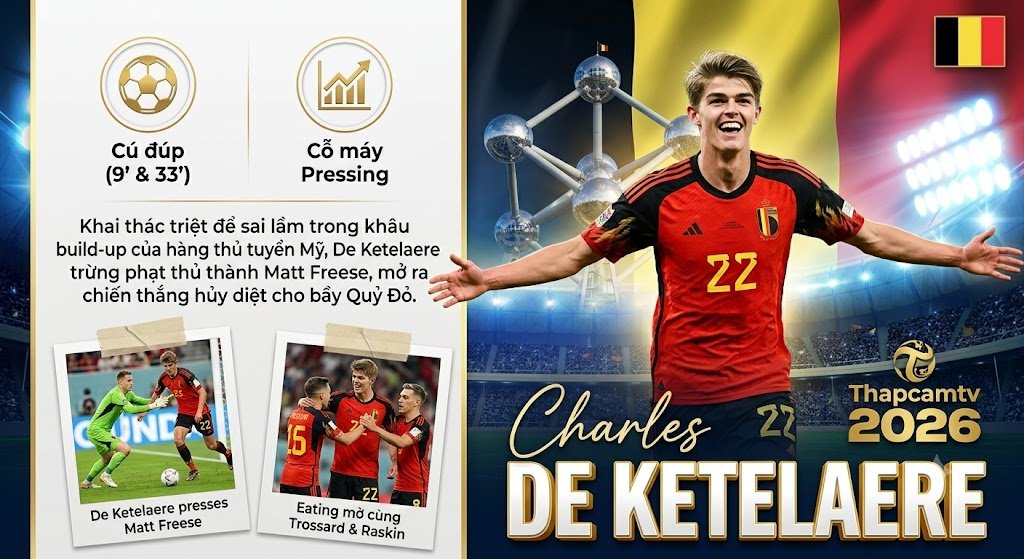 Tiền đạo Charles De Ketelaere của đội tuyển Bỉ ăn mừng cảm xúc sau khi lập cú đúp, trừng phạt sai lầm của hàng thủ tuyển Mỹ trong trận thắng 4-1 tại World Cup 2026.