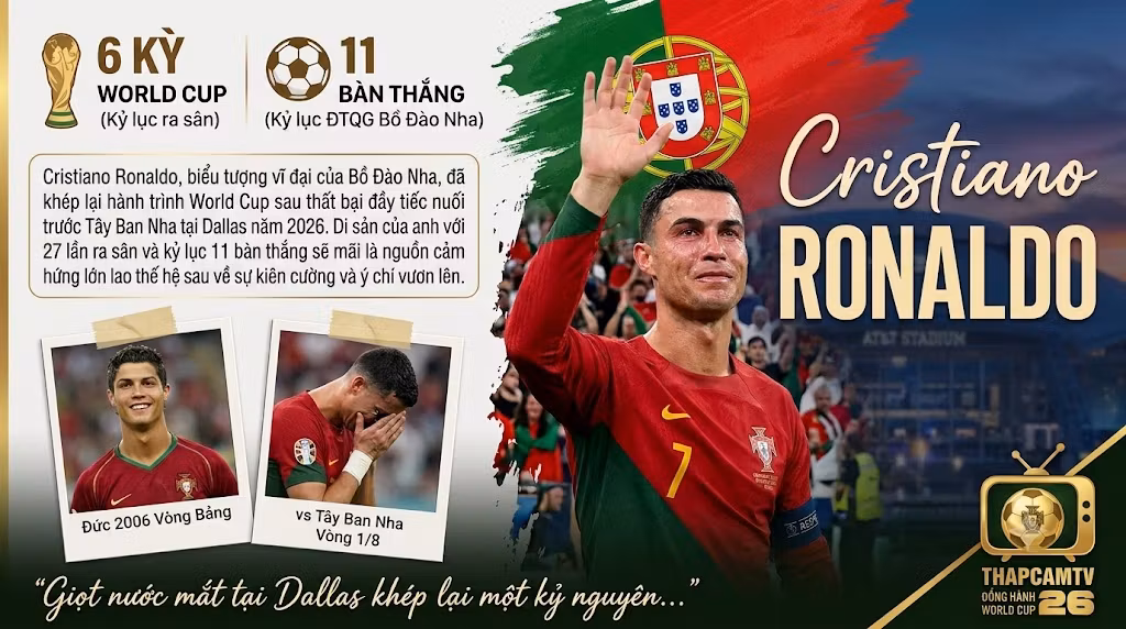 Cristiano Ronaldo bật khóc và vẫy tay chào người hâm mộ sau khi Bồ Đào Nha thất bại trước Tây Ban Nha tại vòng 1/8 World Cup 2026.