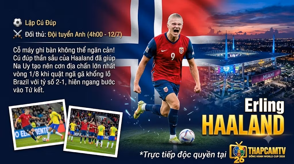 Tiền đạo Erling Haaland ăn mừng cú đúp giúp Na Uy đánh bại Brazil, chuẩn bị đối đầu đội tuyển Anh tại Tứ kết World Cup 2026 - Tin tức bóng đá Thapcamtv.