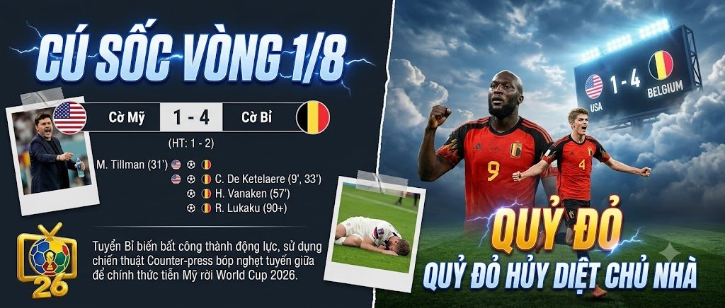 Bảng tỷ số và kết quả chi tiết trận đấu vòng 1/8 World Cup 2026: Đội tuyển Bỉ ngược dòng hủy diệt đội tuyển Mỹ với tỷ số 4-1, Romelu Lukaku và Hansa Vanaken cùng ghi bàn.