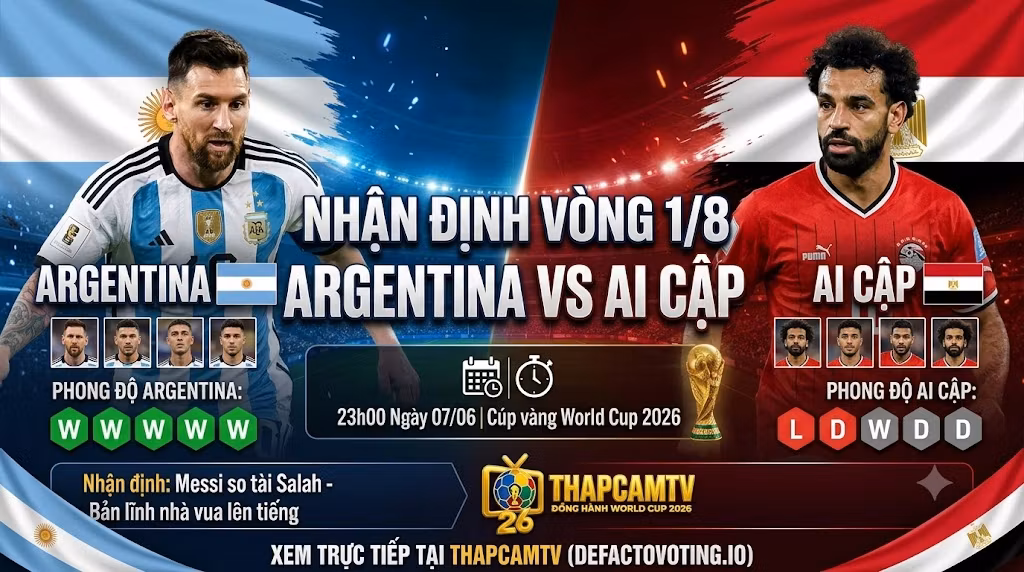 Hình ảnh nhận định trận đấu Argentina vs Ai Cập tại vòng 1/8 World Cup 2026, cuộc so tài đỉnh cao giữa Lionel Messi và Mohamed Salah trên nền tảng trực tiếp bóng đá Thapcamtv.