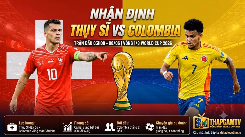 Nhận định Thụy Sĩ vs Colombia vòng 1/8 World Cup 2026: Điểm nóng giữa đội trưởng Granit Xhaka và tiền đạo Luis Díaz cùng các dữ liệu chuyên môn trên ThapcamTV.