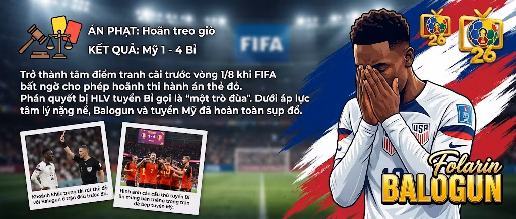 Tiền đạo Folarin Balogun của tuyển Mỹ trở thành tâm điểm tranh cãi khi FIFA hoãn án phạt thẻ đỏ trước trận đấu với đội tuyển Bỉ tại World Cup 2026.